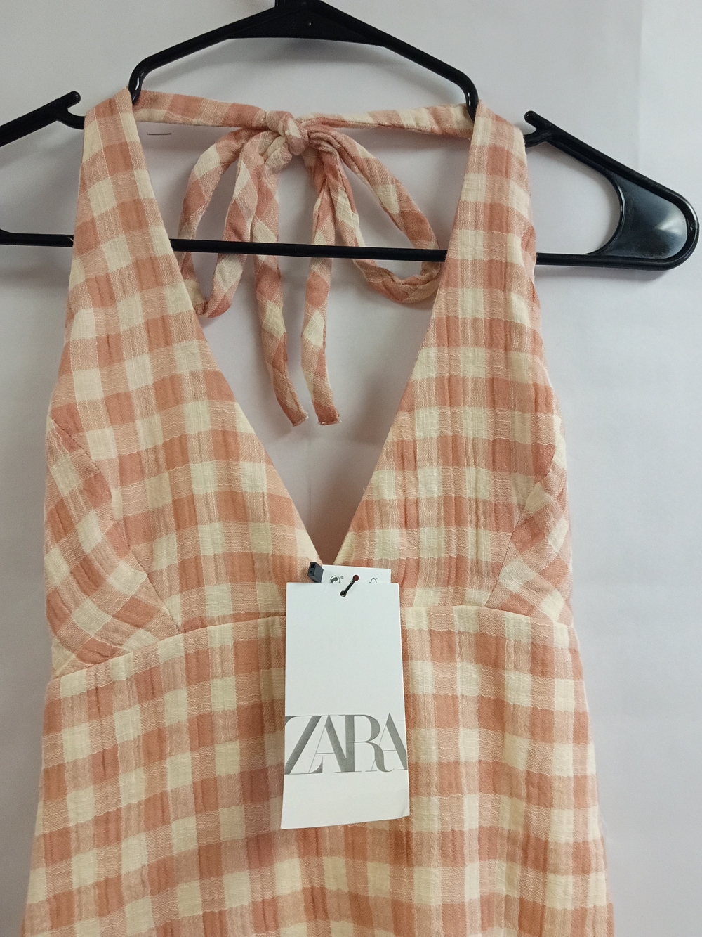 Zara Peach and Cream Gingham Halter Mini Dress with Tie Back - Picture 4 of 6